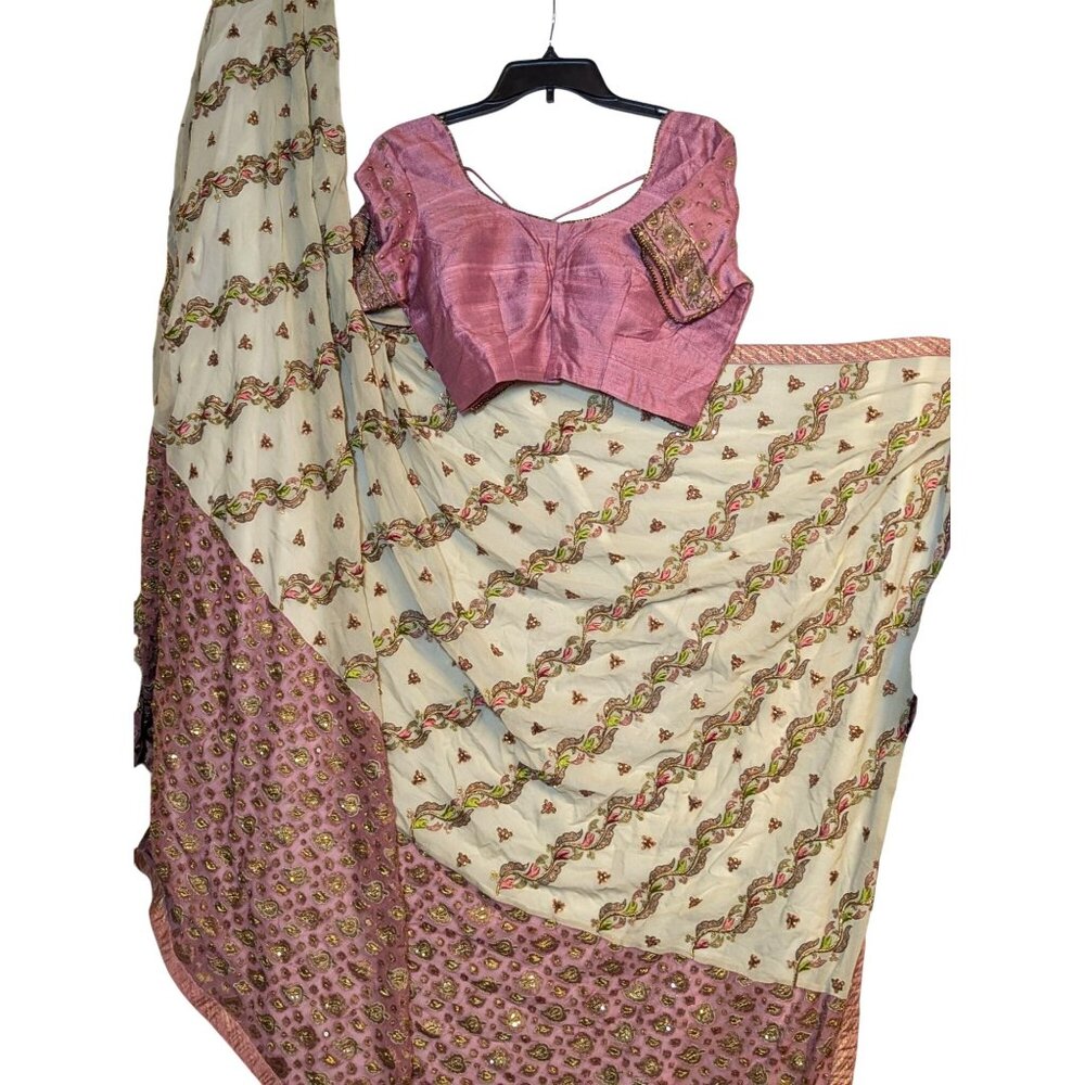 Pink & Cream Embroidered Lehenga Choli Set With Beaded Details & Tie-Back Design